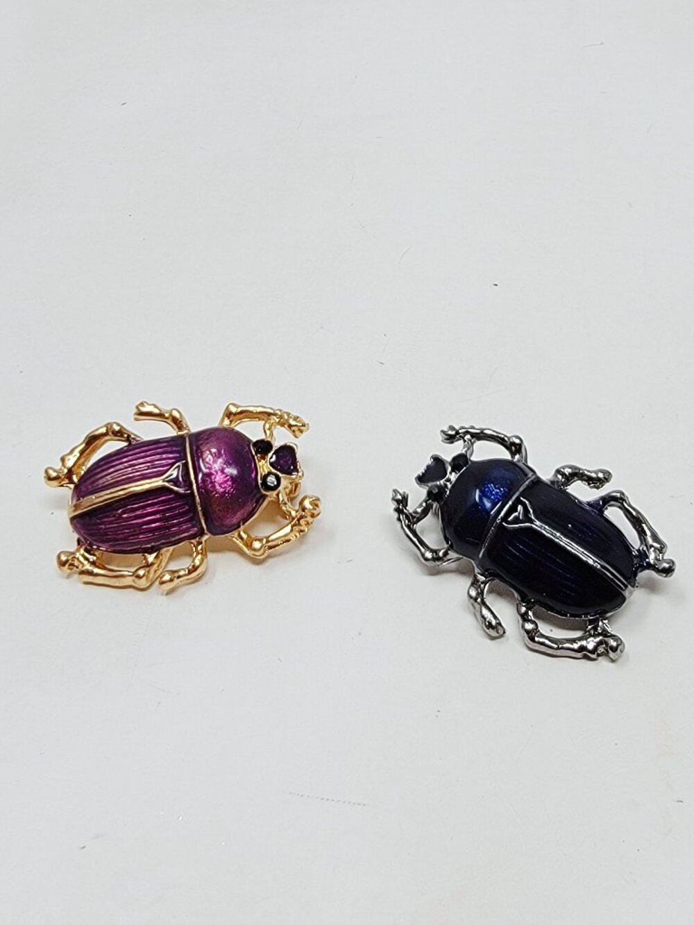 Two Enamel Scarab Beetle Bug Brooch Pins Purple Gold Silver Tone